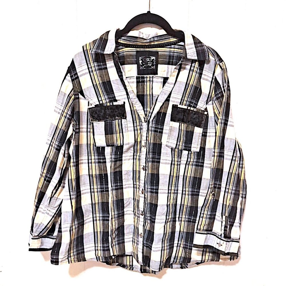 Cato Women’s 18/20W Yellow Black Plaid Button Up Shirt Sequin Pockets
